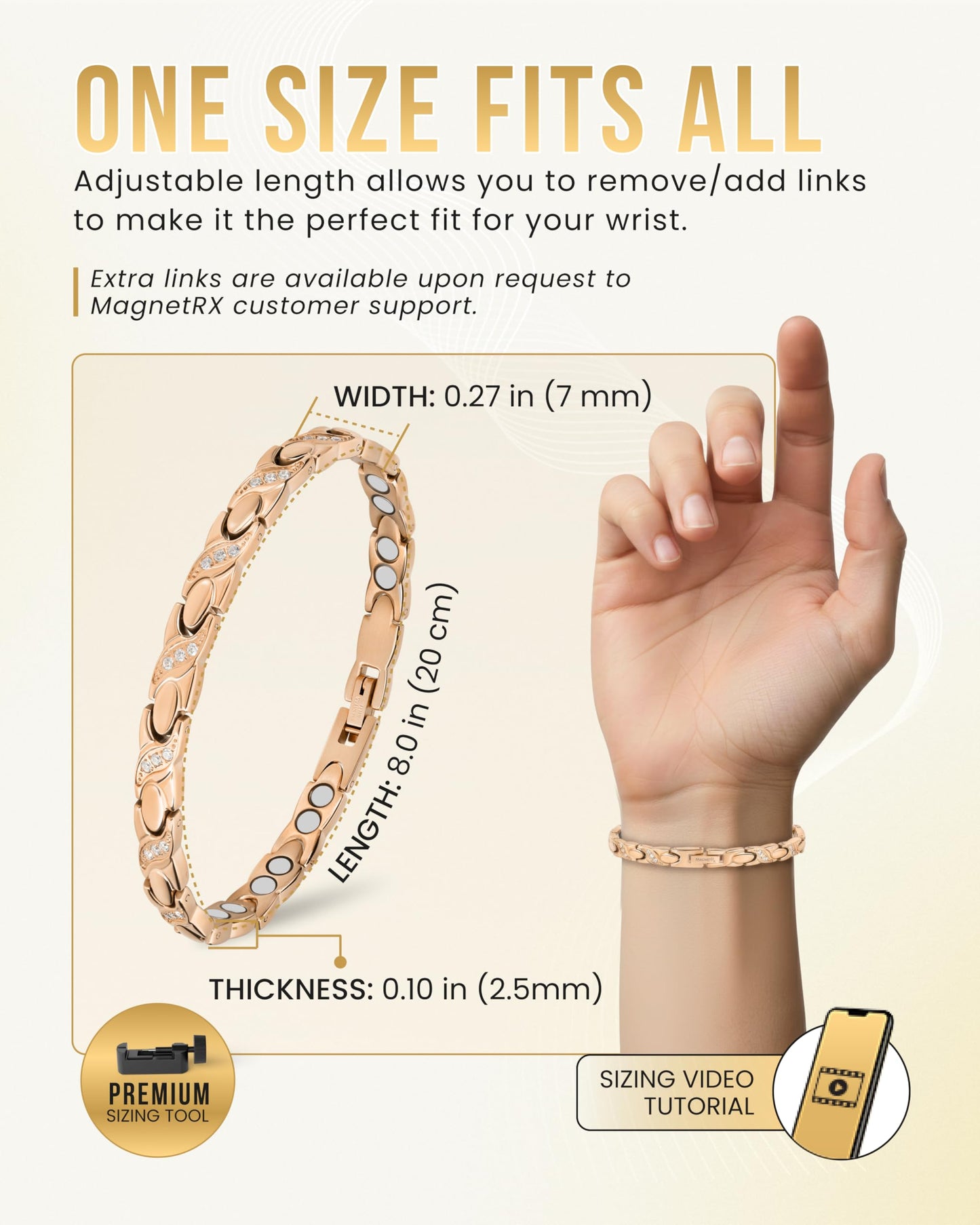 MagnetRX® Ultra Strength Magnetic Bracelets for Women – Double Magnet Stainless Steel Crystal Bracelet for Women – Adjustable Bracelet Length with Sizing Tool (Rose Gold XO)