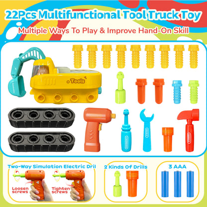 Lechonix Toddler Tool Set—Excavator Take Apart Toys with Electric Drill & Screwdriver & Wrench, Montessori STEM Learning Pretend Construction Toy for 1-6 Years Old Kids Birthday Gift, Musical & Light