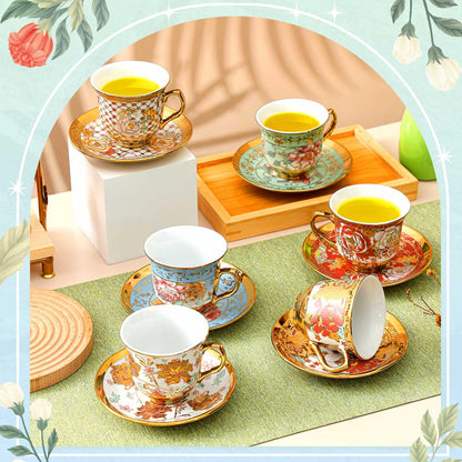 Teenyyou Set of 12 Tea Cups and Saucers Tea Party Decorations Floral Porcelain 7.4 oz British Gift for Women Birthday Party, Church, and Mother's Day (Stylish Style)