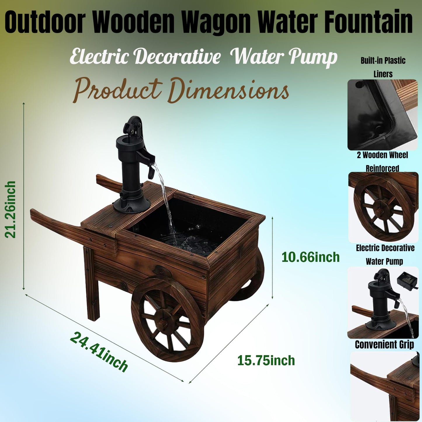 NestNature Outdoor Water Fountain,Wooden Wagon Wheel Pump Old-Fashioned Fountain,Electric Decorative Hand Pump, Outdoor Water Feature for Patio, Garden & Indoor Decoration
