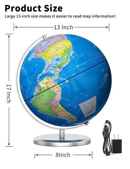SOUNDANCE 13 Inch World Globe with Stable Heavy Metal Base, Educational Globe for Kids Learning, Large Globes Lamp with Colorful HD World Map Details, LED