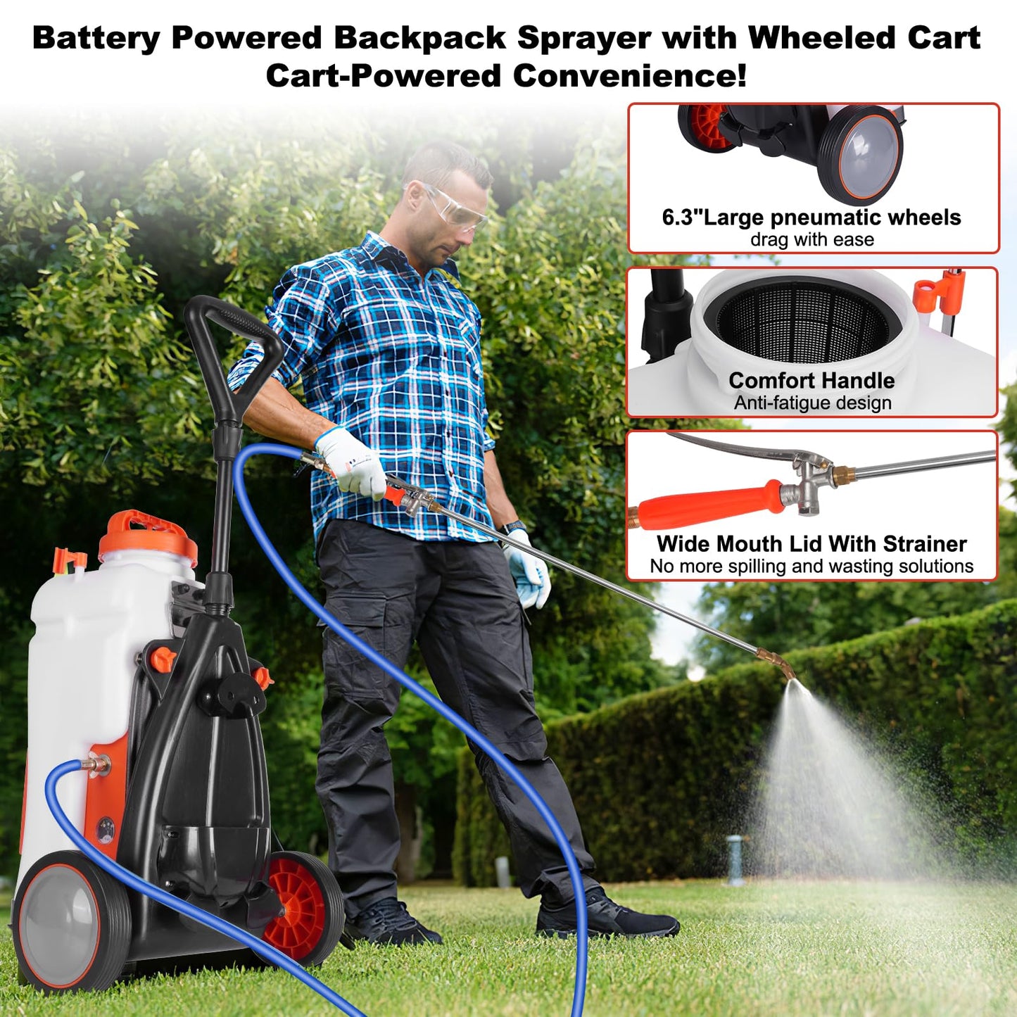 Toovem Battery Powered Backpack Sprayer 4 Gallon, Weed Yard Sprayer with Wand, Electric Backpack Garden Sprayer with Wheeled Cart for Weeding, Adjustable 0-94 PSI, 10FT Hose, 6 Nozzles