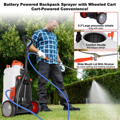 Toovem Battery Powered Backpack Sprayer 4 Gallon, Weed Yard Sprayer with Wand, Electric Backpack Garden Sprayer with Wheeled Cart for Weeding, Adjustable 0-94 PSI, 10FT Hose, 6 Nozzles