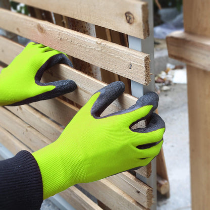 Evridwear Crinkle Latex Rubber Hand Coated Safety Work Gloves for Men Women General Multi Use Construction Warehouse Gardening Assembly Landscaping (Large, Green 12 Pairs)