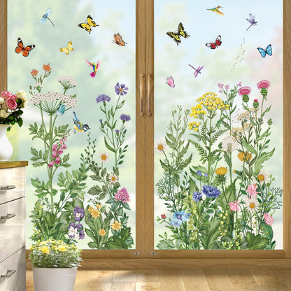 wondever Spring Summer Wild Flowers Window Clings Vintage Wildfloral Butterflies Glass Sticker Decal Anti Collision Double-Side Static Window Stickers for Home Glass Window