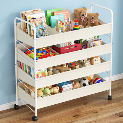 Kids Toy Storage Organizer with 4 Shelves and Wheels,White-Supersized Toy Storage Shelf for Toddlers Ideal for Kids' Rooms,and Nurseries,Toddler Furniture for Boys and Girls Ages