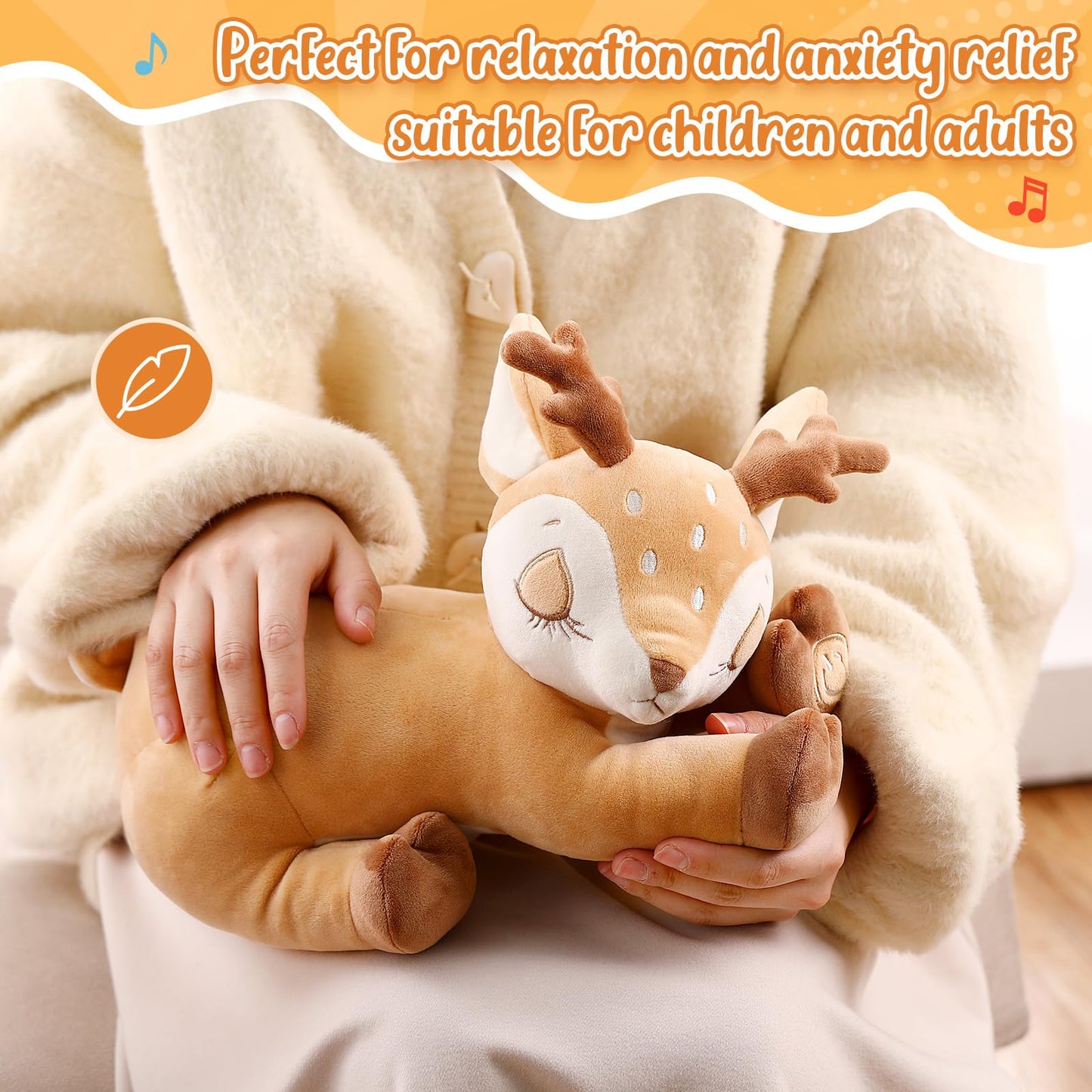 HyDren Breathing Stuffed Animal Soothing Deer Anxiety Stuffed Animal, Soft Anxiety Plush Toys with Music Lights and Realistic Breathing Motion for Adults Kids Sleep Relaxation Holiday Birthday Gifts
