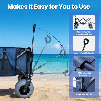 OTIATrail Beach Wagon for Sand with Big All-Terrain 9*4" Balloon Wheels, 200L Large Capacity 330lbs Heavy Duty Beach Carts, Collapsible Utility Wagon with Extended Tailgate for Beach Camping Outdoors