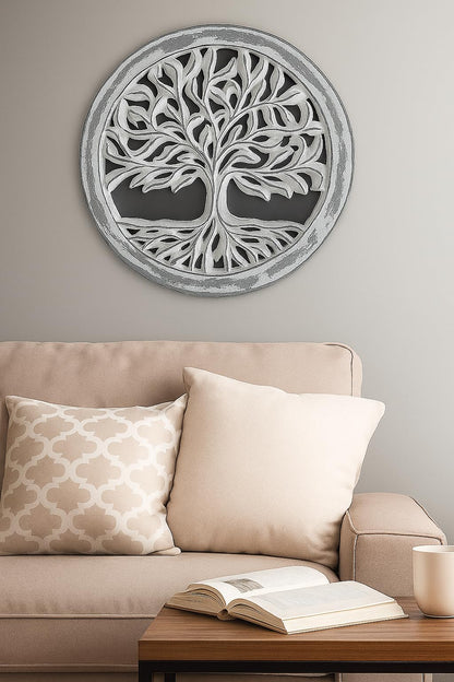 Wooden White Wash Tree of Life Wall Art Panel – 12 Inch Round Wood Carved Wall Hanging Sculpture | Indoor Outdoor Tree of Life Altar Panel Home & Office Wall Décor