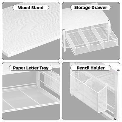 Marbrasse Wood Printer Stand for Desk, 2-Tier Desktop Printer Table for Home Office, Printer Stand with Storage Drawer 2 Pen Holders, Multi-Purpose Desk Organizer for Fax Machine Scanner(Wood White)