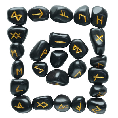 Crocon Fathers day gift Black Tourmaline Tumble Shape Gemstone Runes Stones with Elder Futhark Alphabet Engraved 25 pcs Runes Set Crystal Divination Healing Chakra Reiki with a Pouch Size : 15-20 mm