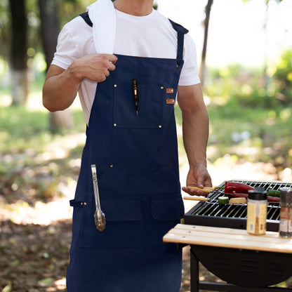 Tosewever Work Aprons for Men with Large Pockets, Canvas Cross Back Heavy Duty Adjustable Tool Aprons for Chef Cooking BBQ (Blue)