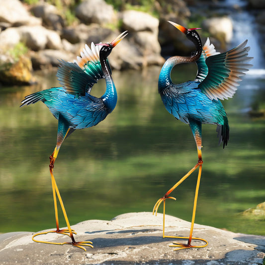 Ruifabo Garden Statues Large Metal Crane Sculptures, Outdoor Heron Metal Statue Yard Art for Garden Decor, Realistic Bird Art for Outdoor Decor, Standing Lifelike, Water&Rust-Proof, Set of 2 Sky Blue