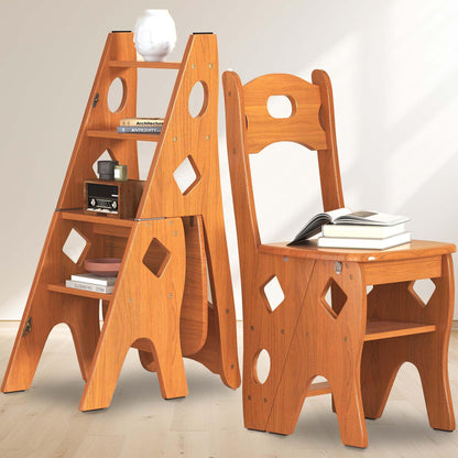 ybaymy Folding Library Ladder Chair, 4 Tier Portable Step Stool Chair, Lightweight 3-in-1 Stepladders Display Stand, Library Steps Bookshelf Plant Stand for Storage and Decoration