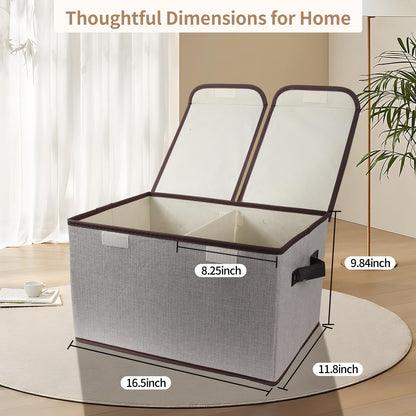 Tcbelosion Foldable Fabric Storage Box, 16.5 x 11.8 x 9.8 inches (L x W x H), with Double-Lid & Dividers, Large Organizer for Home, Closet, Office(Grey)