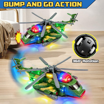 Hymaz Helicopter Toy for Kids 3-5 4-7, Army Military Plane Toy with Lights and Music, 360° Rotating, Bump and Go Airplane Toys for Boys Girls Toddlers Indoor Play Birthday Easter Gifts
