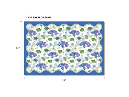 Disposable Paper Placemats 24 Pack 12x18 Inch - 2 Hydrangea Floral Scalloped Edge Designs Tear-Off Pad - Spring Brunch Mother's Day Bridal Luncheon Baby Shower Table Decor - Elegant Entertaining Gift