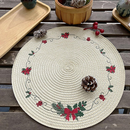 LaneVines Christmas Placemats Set of 4 Round Placemats, Embroidered Holiday Table Placemats Christmas Decorations for Kitchen Dining Table Mats Table Decorations