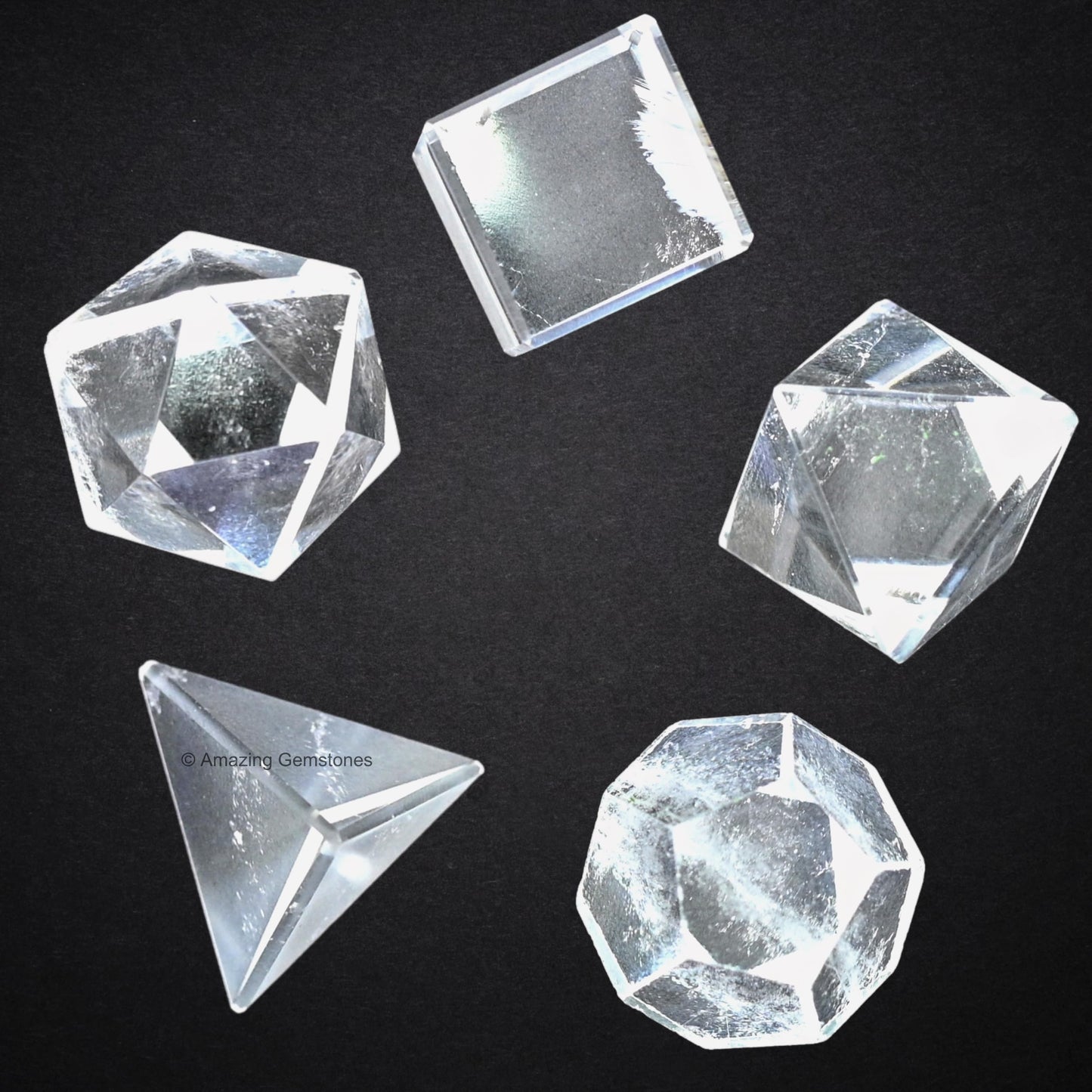 Amazing Gemstone Clear Quartz Platonic Solids Crystals - Set of 5 Sacred Geometry and Healing Stones Solidos Platonicos Sacred Geometry Kit for Energy Chakra Balancing, Reiki, Meditation