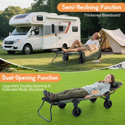 2-in-1 Beach Wagon Cart, Folding Collapsible Wagon with Large Capacity, Converts to Lounge Chair, All-Terrain 360° Swivel Wheels, Heavy-Duty Carbon Steel Wagon for Beach, Camping & Garden-Green
