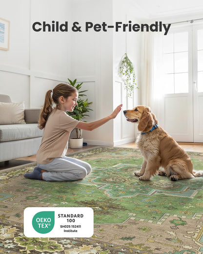AMADA HOMEFURNISHING 6x9 Area Rug for Living Room, Vintage Washable Area Rug Low-Pile & Non-Slip Carpet for Bedroom Dining Room Nursery Home Office, Green