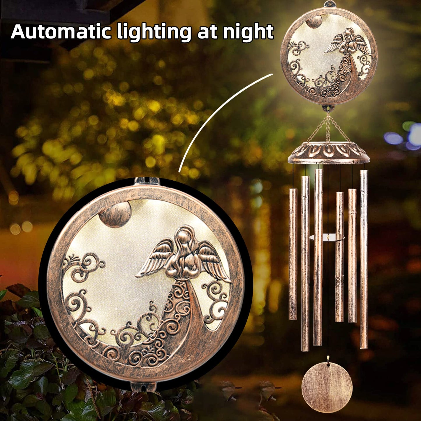 FSVGYY Solar Angel Wind Chimes for Outside-Memorial Wind Chimes- Memorial Wind Chime for Garden/Patio Decor Gifts for Mom Women-Loss of Loved One (33 Inch Deep Tone)