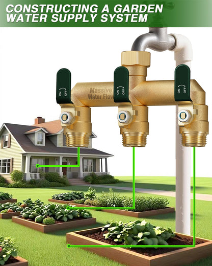 LNEZCDB 3 Way Hose Splitter, Heavy Duty Full Flow Garden Water Hose Bib Spigot Splitter, Brass Rust and Freeze Resistant Outdoor Faucet Splitter, T Adapter Connector with 3/4 - Inch GHT Thread （Green）