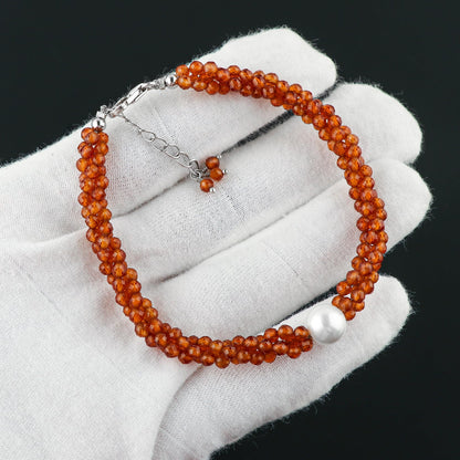 CRYSTALIS Natural Hessonite Garnet Beads Twisted Rope Bracelet with Elegant Pearl, High Grade Gemstones, Chakra Healing Stones, Gift Giving Womens Jewelry, 925 Sterling Silver Bracelet 8 inch