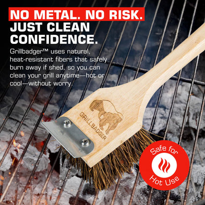 Grillbadger The Original Non Metal Grill Brush for Outdoor Grill | High Temp Heat Resistant BBQ Cleaning Brush | Long Lasting Wooden BBQ Cleaner with Scraper, Safe for Cast Iron Grates - Natural Wood