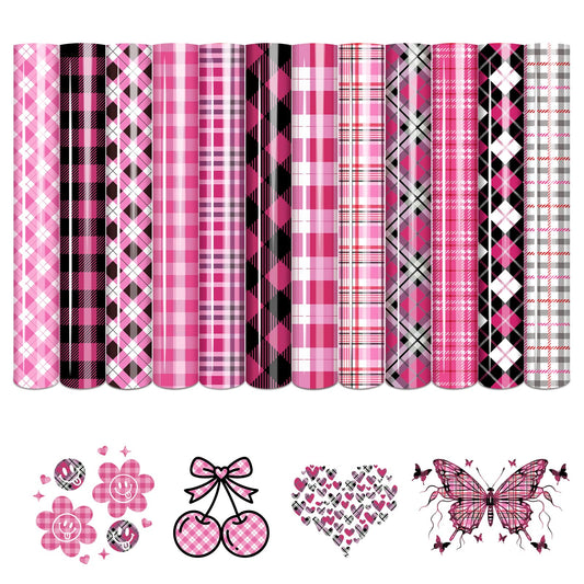 Tintnut Plaid Heat Transfer Vinyl, 12 Sheets 12''x10'' Black Pink Plaid Patterned Iron on Vinyl for DIY Apparel, Bags and Craft Projects
