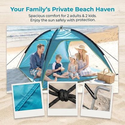 Beach Tent Sun Shelter, Portable Pop Up Beach Tent for 4-5 Person with UPF 50＋ UV Protection, Easy Setup Lightweight Waterproof Ventilation Design Family Sun Shelters for The Beaches