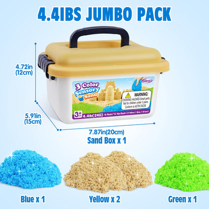 Billeeit 4.4 lbs Play Sand w/Storage Sandbox, 4-Pack(2 Yellow, 1 Blue, 1 Green) Sensory Bin Refill Sand for Shaping, Molding, Pressing, Scooping, Rolling, Self-Sticking Sand Sensory Toy for Kids 3+