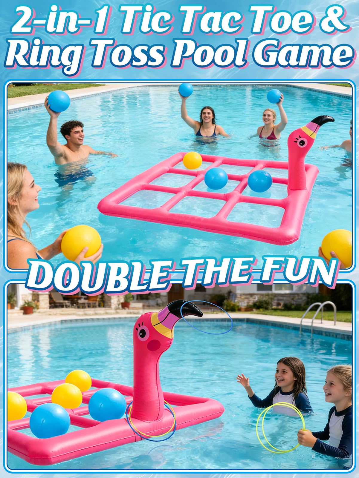 MADHOLLY 2 in 1 Pool Games Set for 2-10 Players - Inflatable Tic-Tac-Toe & Flamingo Ring Toss with 10 Balls & 6 Rings, Outdoor Summer Beach Yard Toys for Family, Adults, Kids