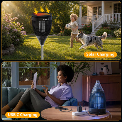 Rossetta Solar Bug Zapper Outdoor, Mosquito Zapper with Flame Lamp & Projector Light, 4200V Electric Fly Zapper Waterproof Rechargeable Mosquito Killer, Cordless Fly Trap for Patio, Backyard, Garden