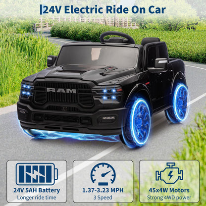 24V Ride on Car for Big Kids Licensed RAM 2500, 24v Ride on Truck w/Remote Control, Toddler Ride on Toys w/Bluetooth, Spacious Truck Bed, 3 Speed, LED Lights, Suspension, Gifts for Boys Girls, Black
