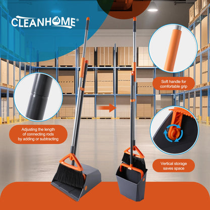 CLEANHOME Heavy Duty Outdoor Broom and Dustpan Set with Long Handle, Standing Dustpan & Split-End Bristles for Patio, Garage, Deck, Leaves Debris Cleaning