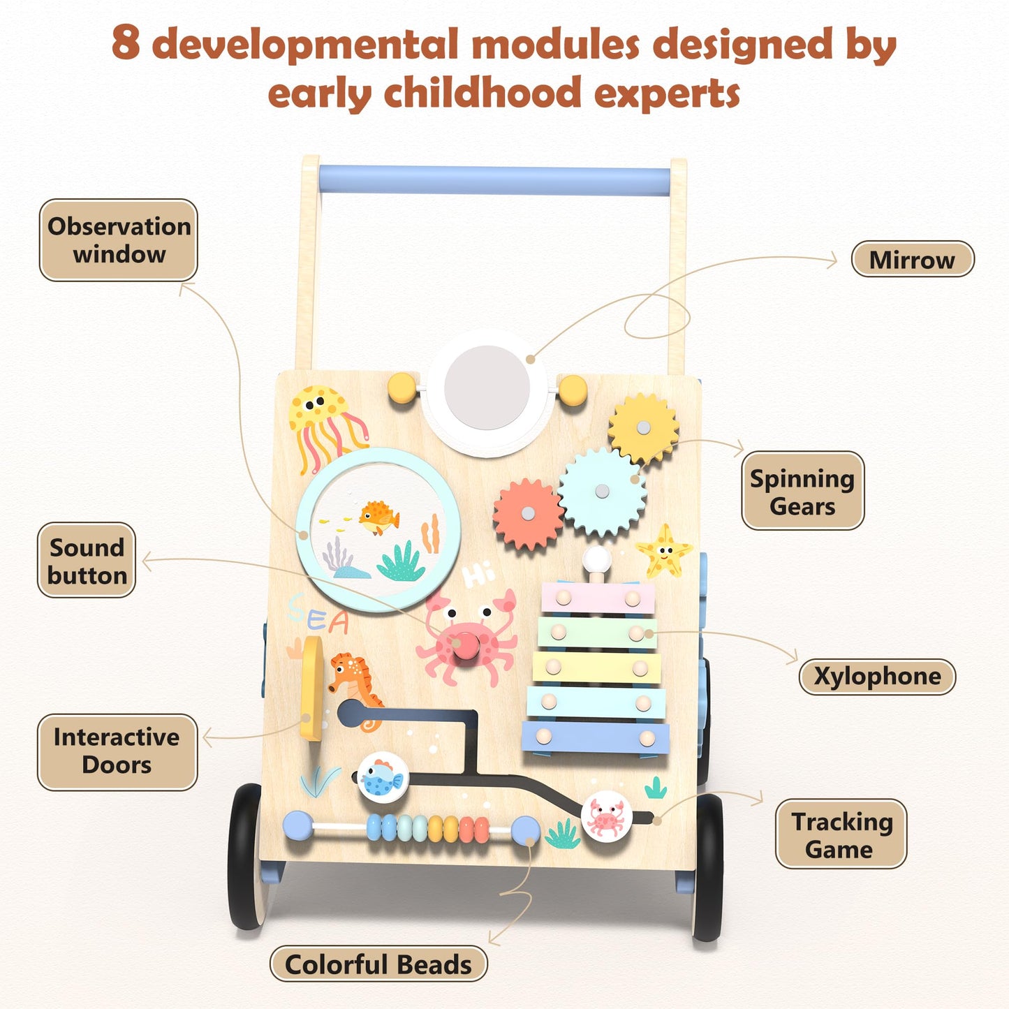 Wooden Baby Walker, Baby Push Walker with Montessori Toy for Girls Boys, Toddler Walking Toys for 18 Months of Age and Over Learning to Walk, Sit-to-Stand, Baby Activity Center for Kids Development
