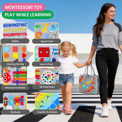 GiggleCraft Montessori Busy Board for Toddlers – Sensory Busy Book with Buckles, Zippers, Letters, Animals, Toddler Activities – Fine Motor Skills Development Learning for Boys Girls Travel Activity