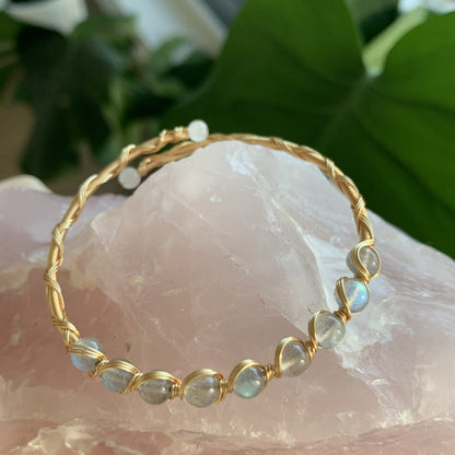 PSEEHEE Handmade Genuine White Labradorite Rainbow Moonstone 14k Gold Filled Wire Wrapped Bracelet, Adjustable Size Crystal Beads Birthstone Gemstone Bohemian Jewelry Women
