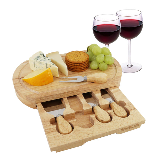 Cheese Board Set by StarBlue - with 4 Knives and Slide Out Drawer | Large Oak Wooden Cheese and Platter Cutting Serving Plate Tray | Best for Housewarming and Birthday Gift