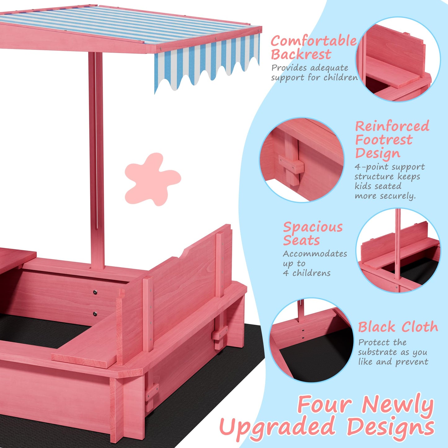Wooden Kids Sandbox with Height-Adjustable UV-Resistant Canopy - 43x43 Inch Outdoor Play Sand Box with Lid, 2 Foldable Bench Seats & Bottom Liner, Ideal for Backyard, Garden, Beach