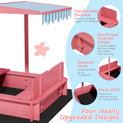 Wooden Kids Sandbox with Height-Adjustable UV-Resistant Canopy - 43x43 Inch Outdoor Play Sand Box with Lid, 2 Foldable Bench Seats & Bottom Liner, Ideal for Backyard, Garden, Beach