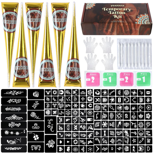 Temporary Tattoos Stencils Kit,Temporary Tattoos Kit - 6 Pcs 3 Color(3 Brown 2 Black 1 Red) Ink with Gloves,DIY Body Art Painting for Women Men Adults TA636KIT