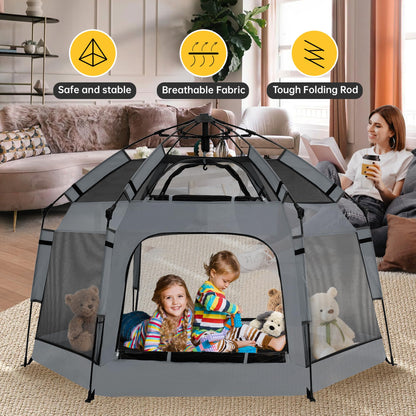 Instant Pop Up Baby Playpen with UV Canopy & Safety Lock, Portable Outdoor Beach Tent Play Yard for Toddlers, Breathable Mesh & Carry Bag, Indoor & Backyard Use (Grey)