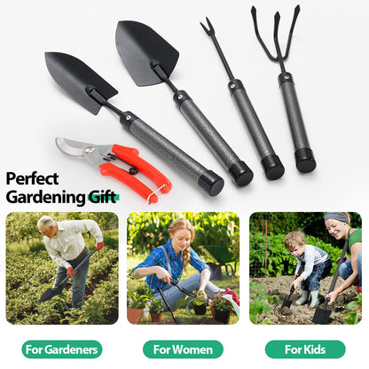 Garden Tool Set, 5-Piece Heavy Duty Gardening Tools Kit with Extendable Handle, Metal Trowel, Cultivator, Weeder, Pruner, Back-Saving Grips for Yard Raised Bed, Rust-Proof, Gift for Women, Men, Kids