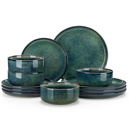 vancasso Starry 12 Pieces Dinnerware Sets for 4, Green Reactive Glaze Dishes Sets, Ceramic Plates and Bowls Set, Dinner Salad Dessert Plates, and Cereal Bowls Set, Dishwasher and Microwave Safe