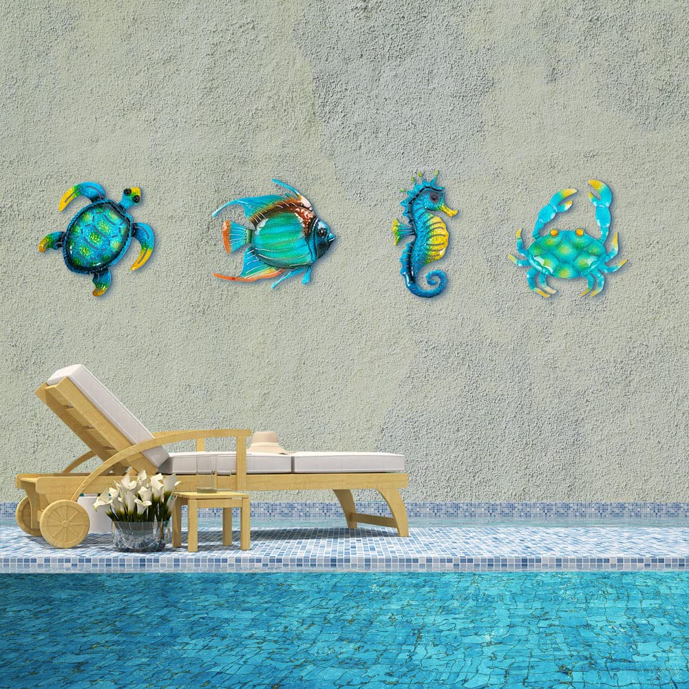 dreamskip Metal Beach Wall Decor Art, Ocean Themed Sea Turtle Fish Seahorse Crab Coastal Wall Sculpture, Nautical Outdoor Decor For Garden, Fence, Patio, Pool, Bathroom (4 Pcs)