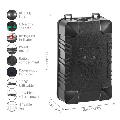 2 Pcs Under Hood Rodent Repeller with Strobe Light & 3 Power Supply Methods, Professional Ultrasonic Mouse Repellent Rat Squirrel Deterrent for 12V Cars Trucks RV Engine Bay Warehouse Attic