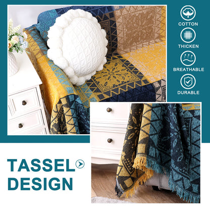 Turquoize Boho Couch Cover Bohemian Cotton Sofa Cover Sofa Throw Cover for Couches Sofa Slipcover Sectional Sofa Couch Covers Feature Hippie Chenille Jacquard Fabric(91"x 134",XX-Large,Yellow Navy)
