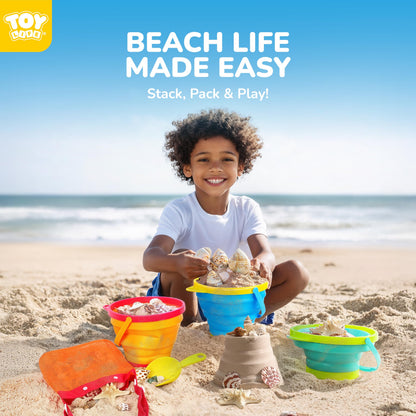 TOY Life Collapsible Beach Bucket Toys for Kids Beach Essentials with Portable 3 Seashell Bags & 3 Silicone Collapsible Sand Bucket & Shovels Travel Sand Toys Sandbox Toy for Fishing, Beach Party